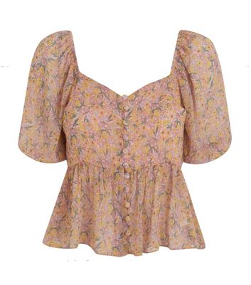 Pink Floral Button Puff Sleeve Blouse ...